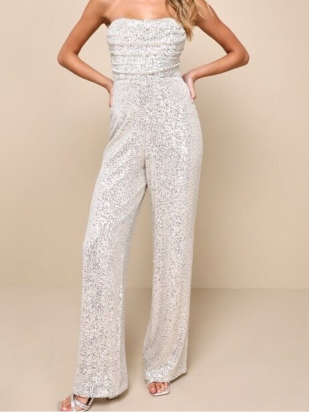 Lulu's Glorious Vision Silver Strapless Sequin Wide leg Jumpsuit